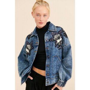 Dhruv Kapoor Beaded Denim Jacket Womens XL Oversized Retro Designer Glam